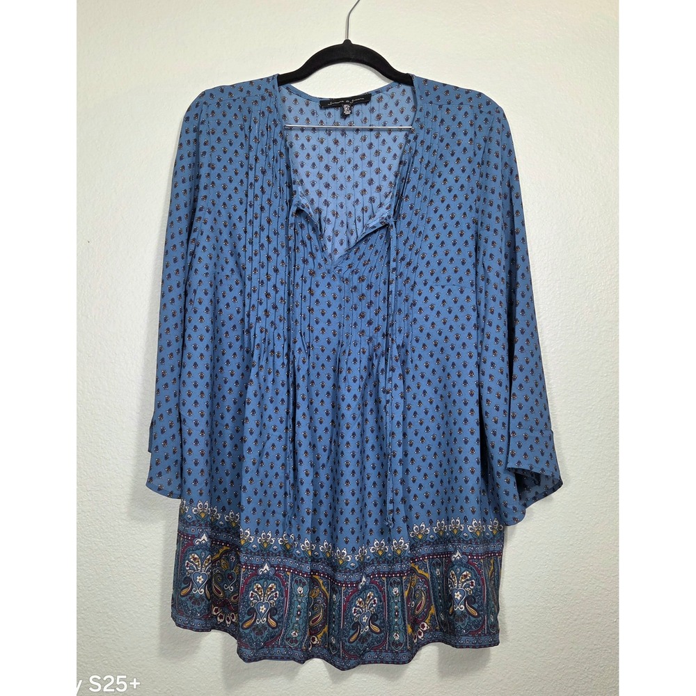 Jasmine & Juliana Blue Paisley Floral Pleated Boho Blouse Top Large